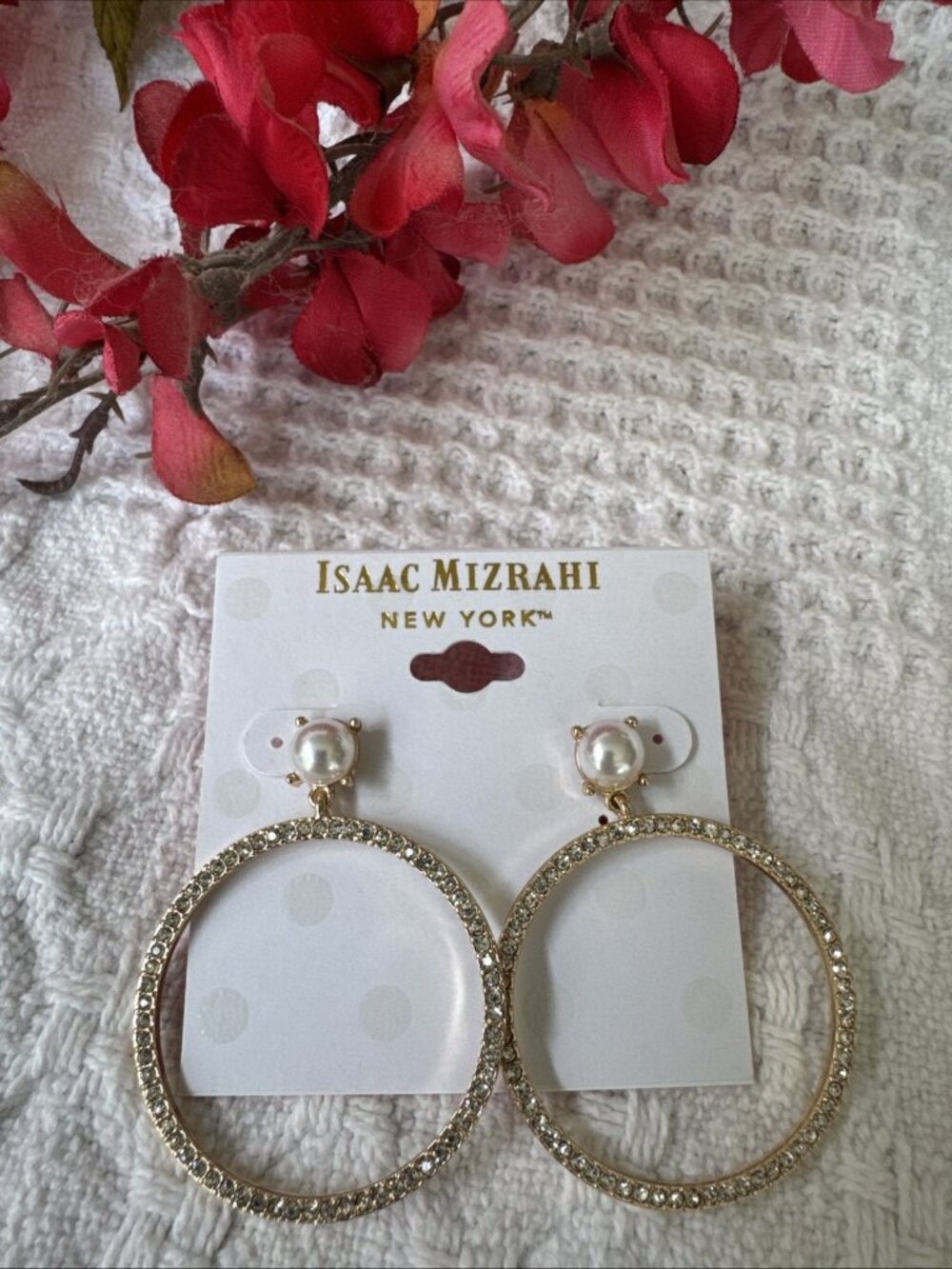 Isaac Mizrahi Gold Rhinestone Pearl Dangle Hoop Earrings 2.5" MSRP $38 NEW